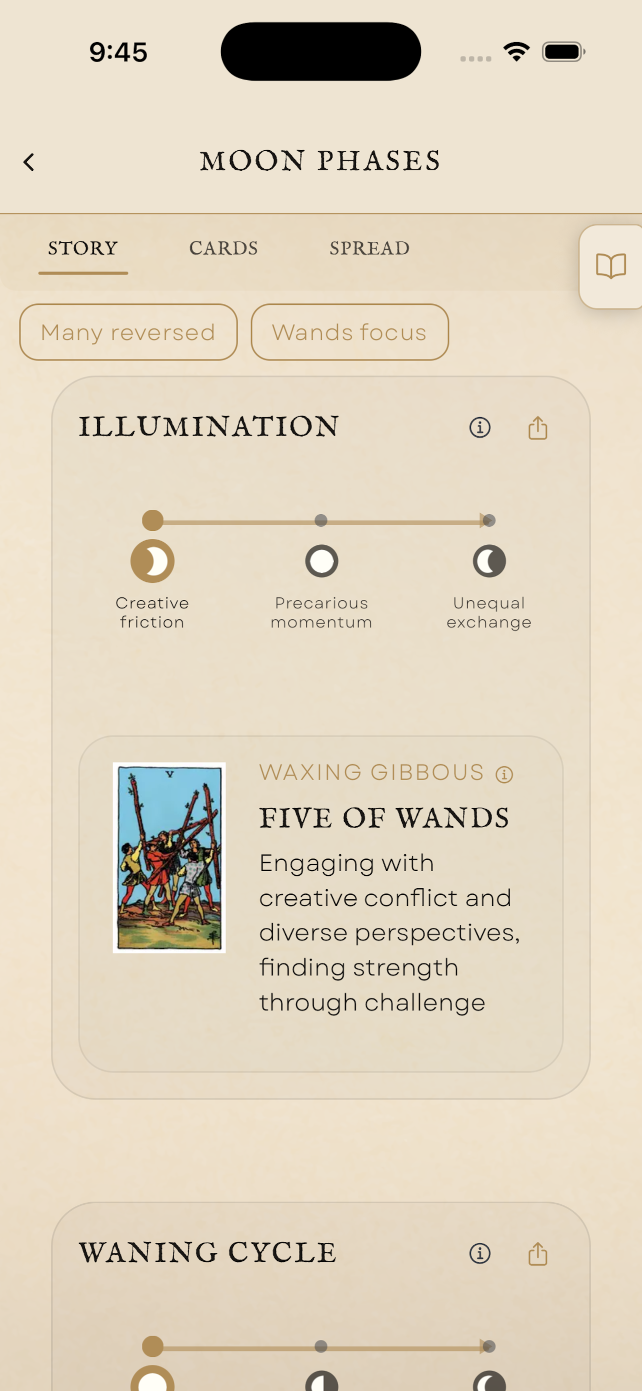 Rebel Spirit Tarot app screenshot showing story view