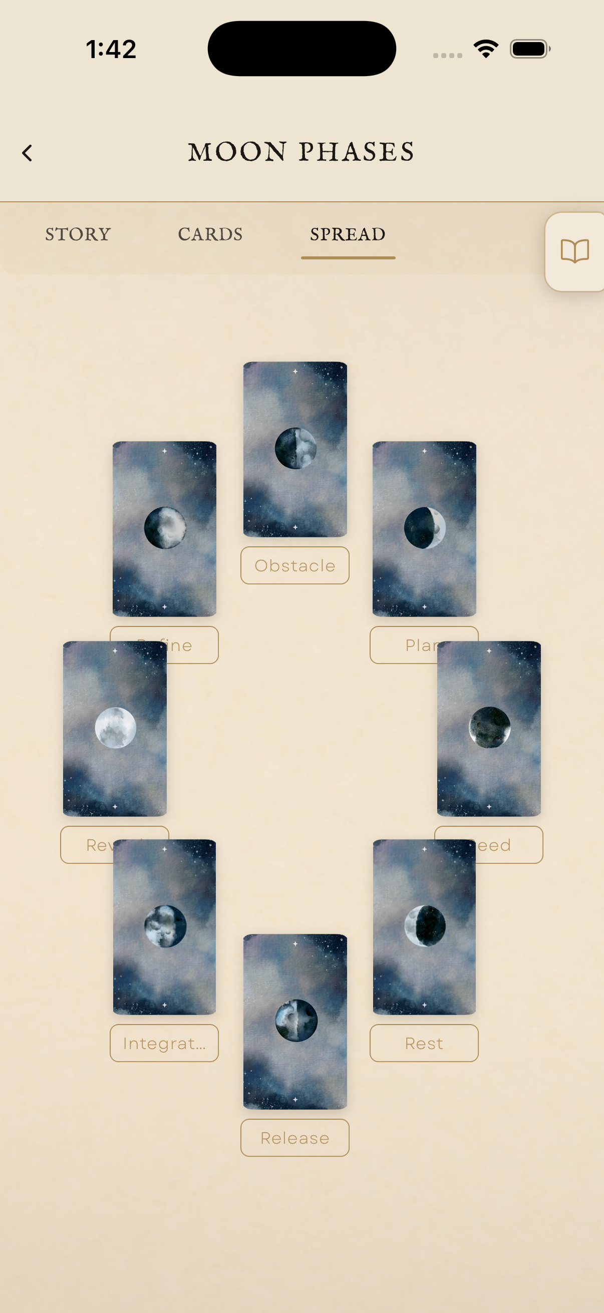 Rebel Spirit Tarot app screenshot showing spread view