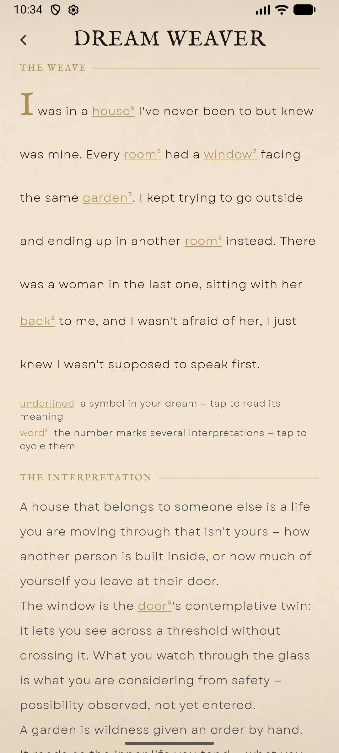 Rebel Spirit Tarot app screenshot showing the Dream Weaver dream interpretation