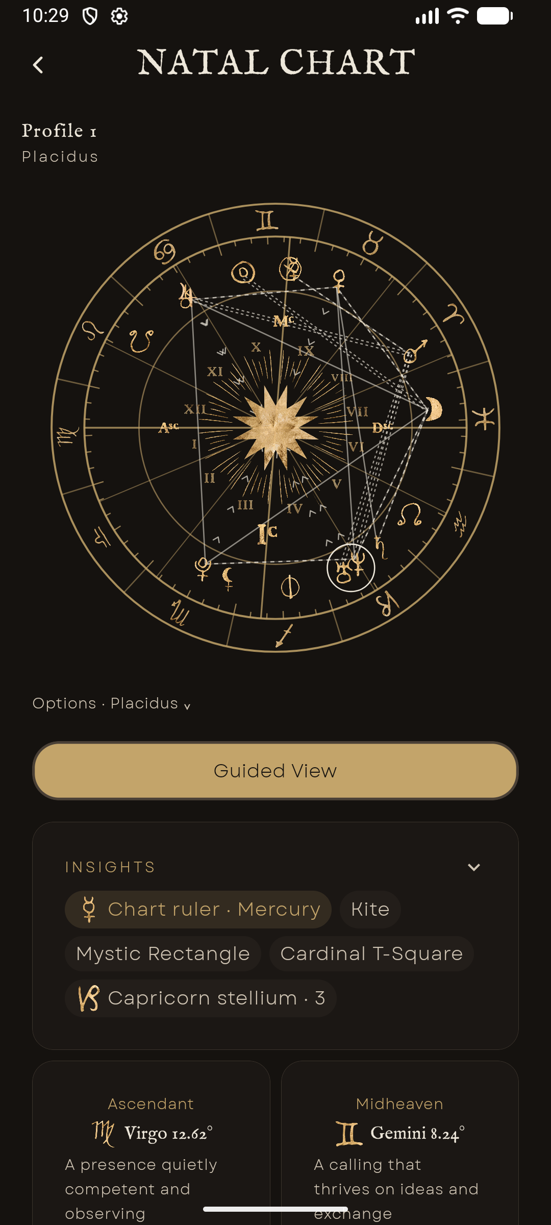 Rebel Spirit Tarot app screenshot showing a natal birth chart